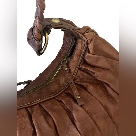 Sabina New York - Large Brown Plated Slouchy Boho Shoulder Leather Bag Coquillle - Picture 5 of 11